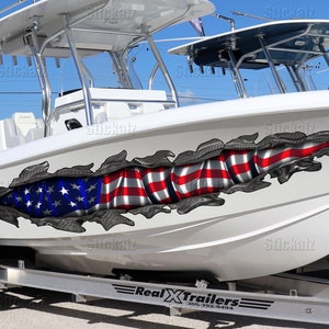 US Flag Ripped Metal Watercraft Vinyl, USA Flag Cigar Boat Side Graphics, Full Color Yacht Graphics