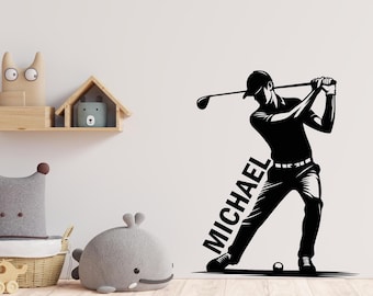 Personalized Golf Man Wall Decal, Custom Name Golfer Sticker, Male Golfer Silhouette Wall Art, Gift for Golf Lover, Sports Room Decor 631LU