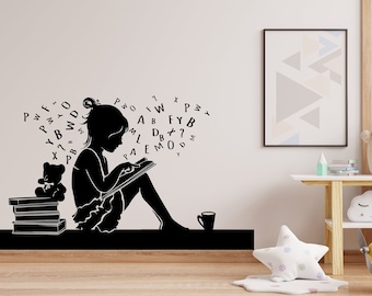 Girl Reading Book Library vinyl wall art decals, library wall decal, education decals, reading room, nurseries, school, kids gifts 295LU