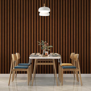 Dark Wood Slat Wallpaper Peel and Stick, Vertical Line Wood Panel Wall Mural, Modern Minimalist Removable Wallpaper Decor 826LU