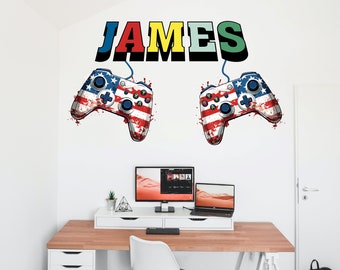 Gamer American Flag decoración de pared Calcomanía de controlador personalizada Videojuegos Calcomanías de pared Personalizado Gamer Niños Dormitorio Vinilo Arte de la pared Pegatinas 143RS
