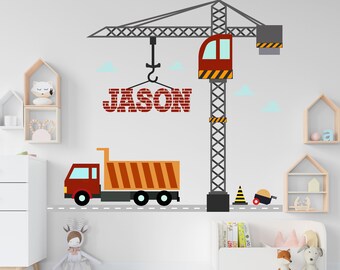 Construction Truck wall decal Kids wall decor Custom Nursery Kids art decal Personalized Bedroom Nursery room Wall Art Decals Stickers 252RS