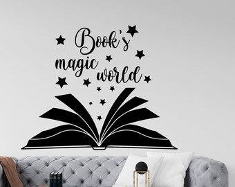 Libro mundo mágico vinilo pared arte calcomanías, decoración de estantes de libros, calcomanía de pared de biblioteca, calcomanías educativas, sala de lectura, regalos escolares de guarderías 098RS