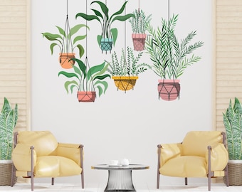 Hanging Plants in Pots wall vinyl sticker decal, Plants wall decoration, Flower plant wall decal, Living Room decor, Mural decoration 332LU