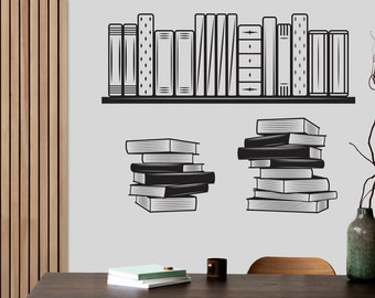 May include: A black and white illustration of a bookshelf with books on it. There are two stacks of books on the wall below the shelf. The books are stacked on top of each other.