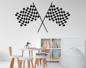 Sticker mural drapeau de course en vinyle, décoration d'intérieur, autocollant artistique, voiture de course, drapeau à damier, garçon coureur, chambre d'enfants, finition drapeau, art mural 264LU