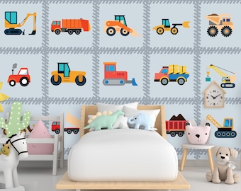 Truck Construction Wall Mural, Construction Truck wallpaper, Nursery Wall Decor, Kids Room Decal, Boys Room Wallpaper 1271RS