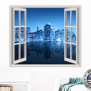 New York Wall Decal. City Night Skyline Vinyl Sticker Murals. New York Window Decor. Travel Removable Decal. New York Above Bed Decals NT94