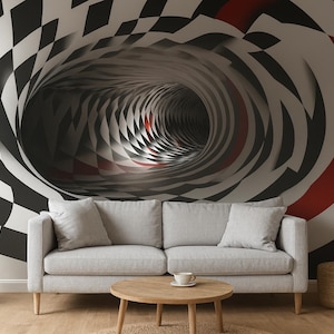 May include: A modern living room featuring a gray sofa, wooden coffee table, and a decorative wall mural. The mural has a black, white, and red geometric design that creates a tunnel effect. A potted plant and a woven side table complete the room.