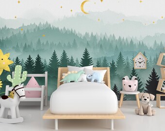 Magische nacht bosbehang aquarel bos muurschildering met maansterren enchanted forest muurkunst voor kinderkamer, slaapkamer of woonkamer 754RS