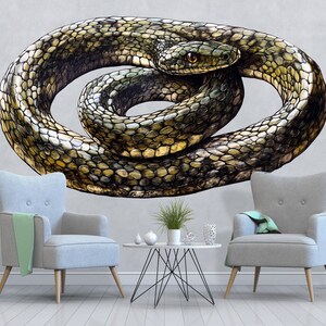 May include: A detailed illustration of a coiled snake with a textured, patterned body in shades of green, brown, and yellow. The snake's head is visible, with a focused gaze. The artwork is displayed on a wall, above two armchairs.