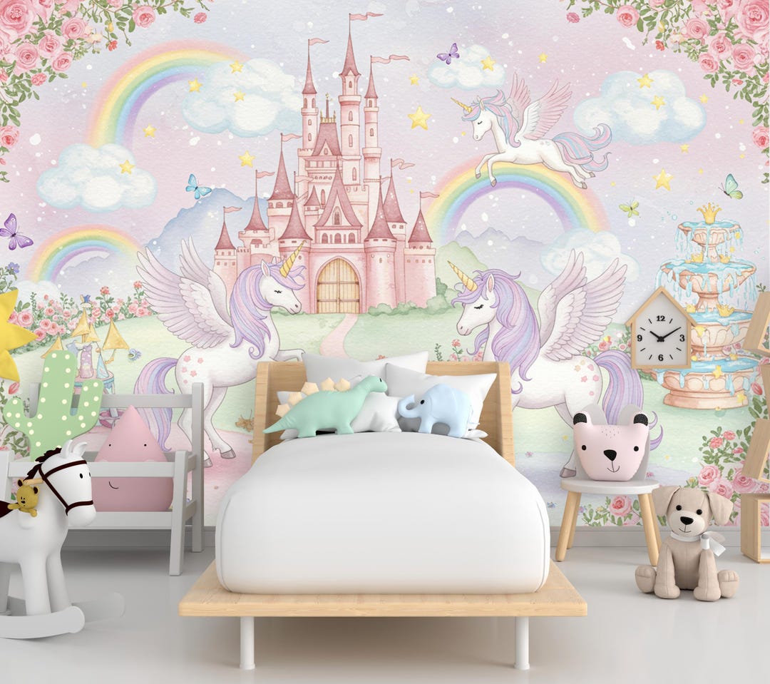Rainbow Unicorn Castle Photo Backdrop Mural