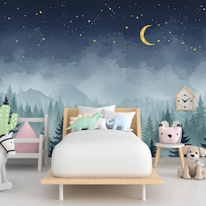 Carta da parati con foresta notturna magica, murale con bosco ad acquerello con luna e stelle, arte murale con foresta incantata per cameretta dei bambini, camera da letto o soggiorno 665RS
