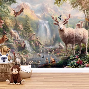 Carta da parati murale con animali della foresta fantasy – Carta da parati per cameretta dei bambini – Stacca e attacca o in tessuto non tessuto – Decorazione murale naturale per cameretta dei bambini