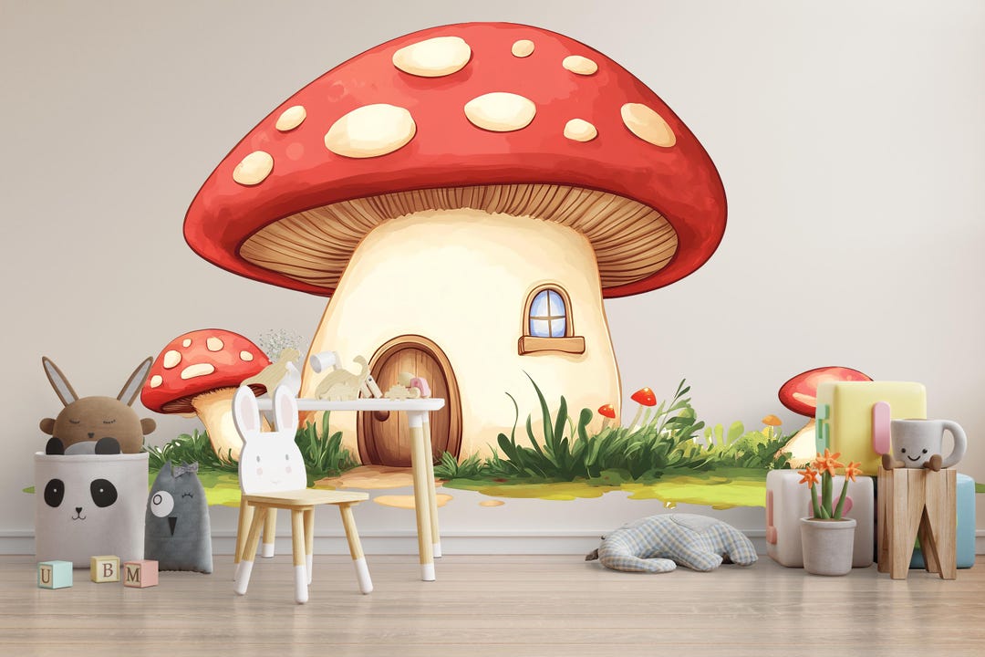 Kawaii Mushroom House Wall Decal, Fairy Nursery Wall Sticker, Woodland ...