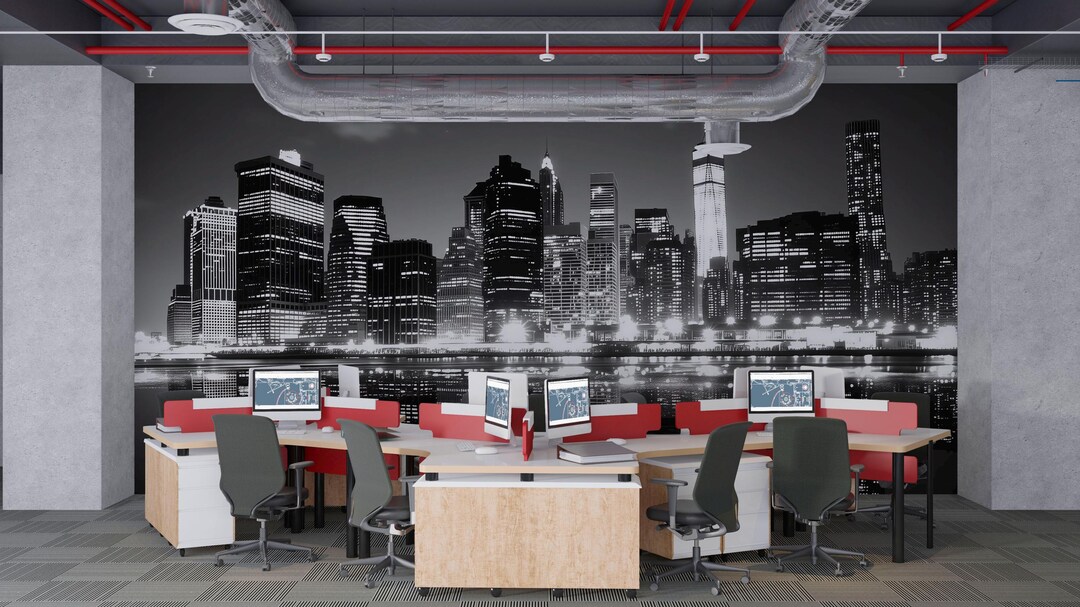 New York City Skyline Wallpaper Black and White Office Wall Mural ...