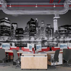 New York City Skyline Wallpaper Black And White Office Wall Mural Modern Cityscape Night View Removable Peel And Stick Large Wall Decor