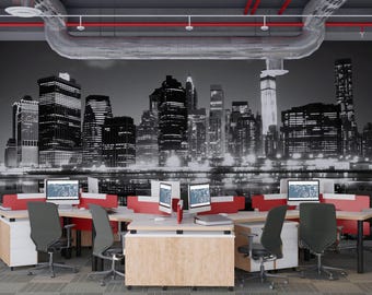 New York City Skyline Wallpaper Black And White Office Wall Mural Modern Cityscape Night View Removable Peel And Stick Large Wall Decor