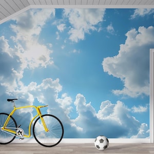 May include: A yellow bicycle with black tires and a black seat is positioned in front of a wall mural depicting a bright blue sky filled with fluffy white clouds. A soccer ball rests on the floor.