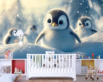 Mural de pared para habitación de bebé pingüino – Papel pintado de animales de invierno – Idea de regalo para baby shower – Papel pintado infantil personalizado autoadhesivo o no tejido