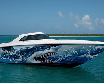 Vinilo decorativo para barco con diseño de tiburón: diseño de feroz depredador oceánico, gráficos realistas de vinilo marino para casco, vinilo decorativo premium con diseño de tiburón.