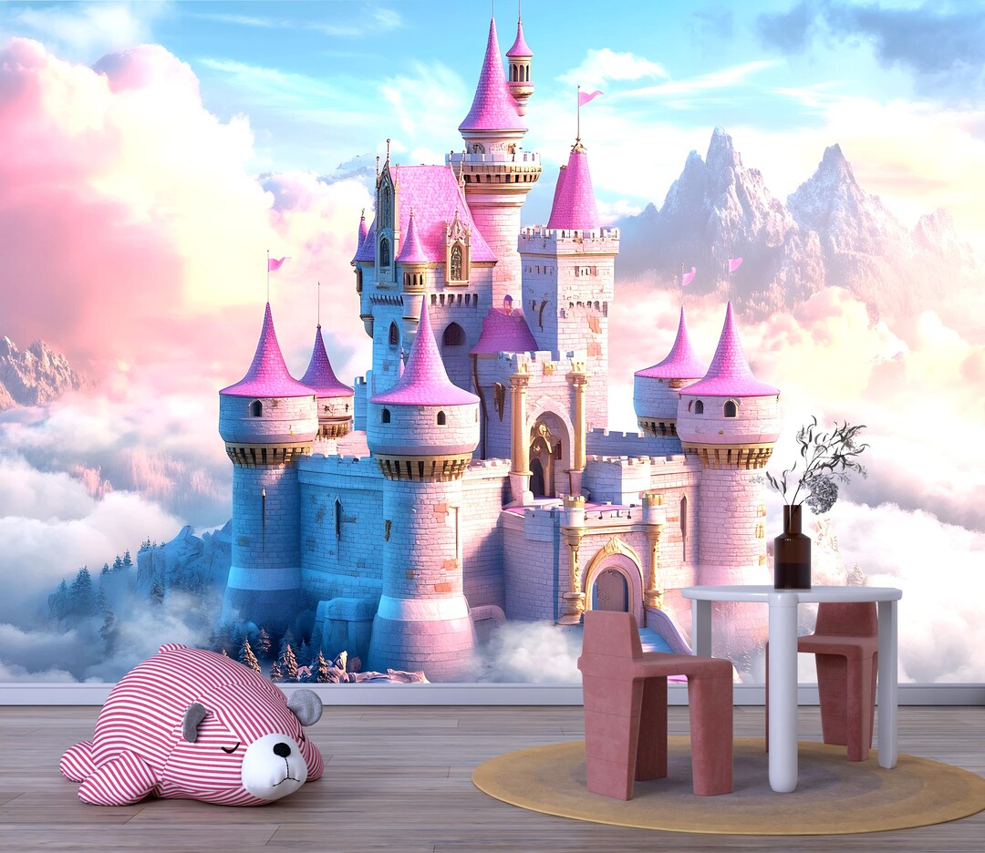 Pink Castle Wall Mural – Fantasy Clouds Wallpaper for Girls Room or ...
