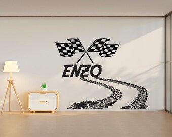 Adesivo Murale Personalizzato Per Cameretta - Nome Con Bandiere A Scacchi Tema Auto Da Corsa - Foto 3