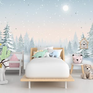 Enchanted Winter Forest Mural – Watercolor Snowy Evergreen Trees & Moonlit Sky Wallpaper – Calm Nursery or Winter Wall Art Decor  810RS