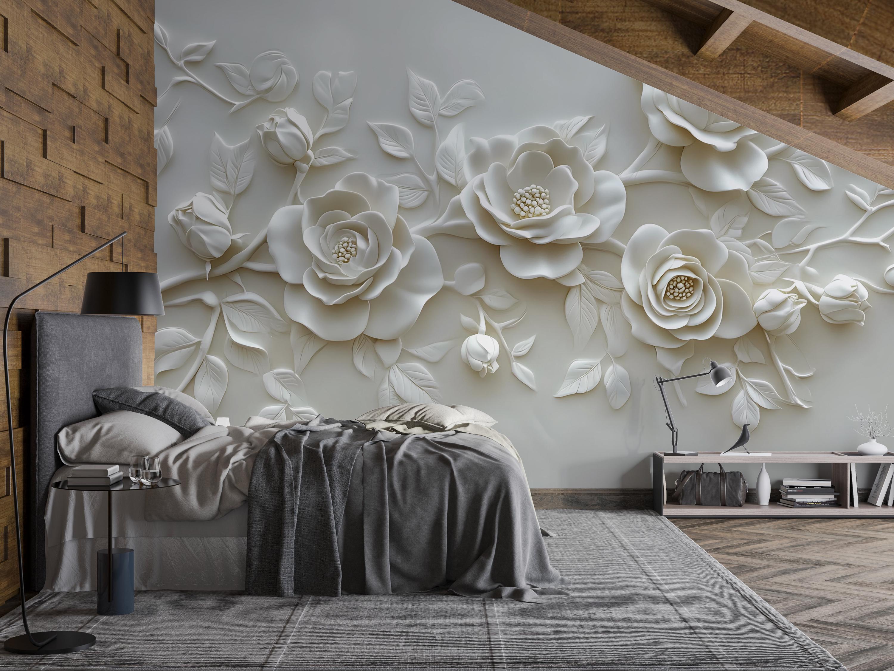 3D Visual Effect White Rose Wall Mural – Elegant Sculpted Floral Wallpaper – Minimalist Bedroom Accent Wall – Peel and Stick or Non-Woven