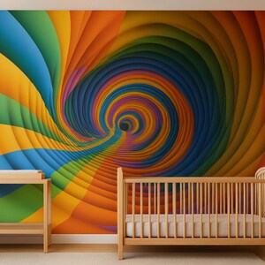 May include: A vibrant, colorful wall mural featuring a swirling, tunnel-like design in shades of blue, green, orange, and purple. A wooden crib and changing table are in front of the mural, creating a nursery setting.