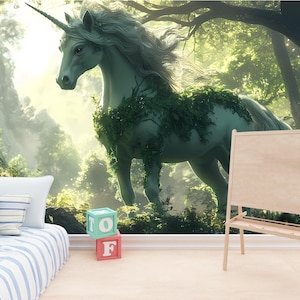 Carta da parati murale unicorno - Carta da parati foresta incantata - Decorazione murale fantasy staccabile e attaccabile per cameretta dei bambini, asilo nido o spazi magici Vn025