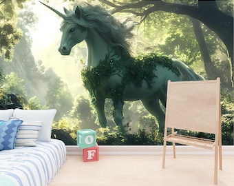 Unicorn Wall Mural - Enchanted Forest Wallpaper - Peel and Stick Fantasy Wall Decor for Kids Room, Nursery, or Magical Spaces Vn025