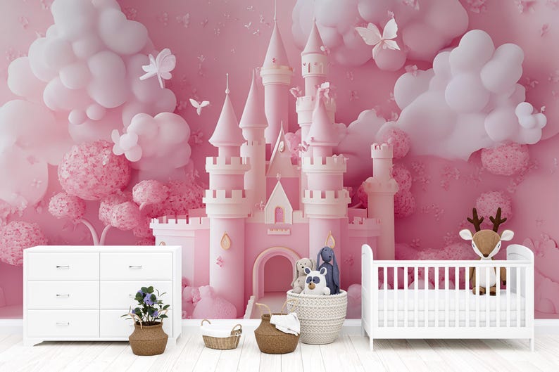 3D Pink Castle Wall Mural – Fantasy Nursery Wallpaper for Girls Room ...