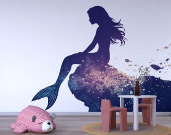 Night Ocean Mermaid Wall Decal For Nursery Or Kids Room, Fantasy Underwater Wall Sticker, Mermaid Silhouette Wall Art, Peel And Stick Decor
