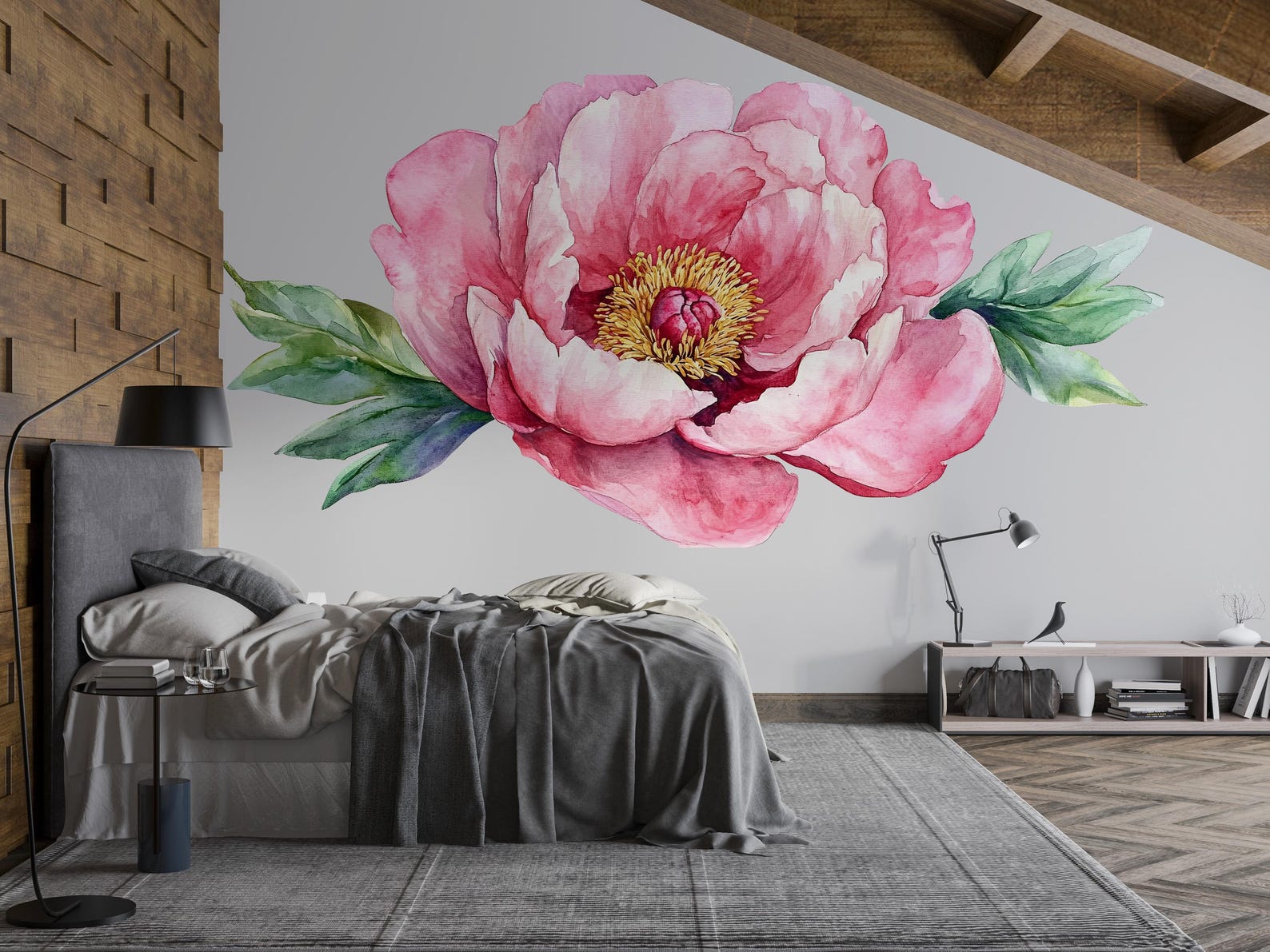 Large Peony Wall Decal • Pink Flower Mural Sticker • Watercolor Floral ...
