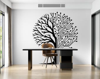 Circuit Tree Technology Wall Decal, Technology Vinyl Wall Art Decals, Computer Circuit Decor, Tree of life Science Wall Sticker Office 976RS