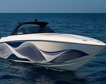 Könnte beinhalten: Ein weißes Schnellboot mit schwarzem Dach und blauen wellenförmigen Mustern auf dem Rumpf, das auf ruhiger, blauer See fährt. Das Design des Bootes weist fließende Linien auf.
