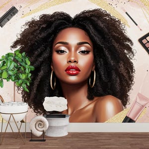 Beauty Salon wallpaper, Beautiful Afro women wall mural, Eyelashes wallpaper, Office Decor, Business Wall Decal, Wall Art Office 653RS