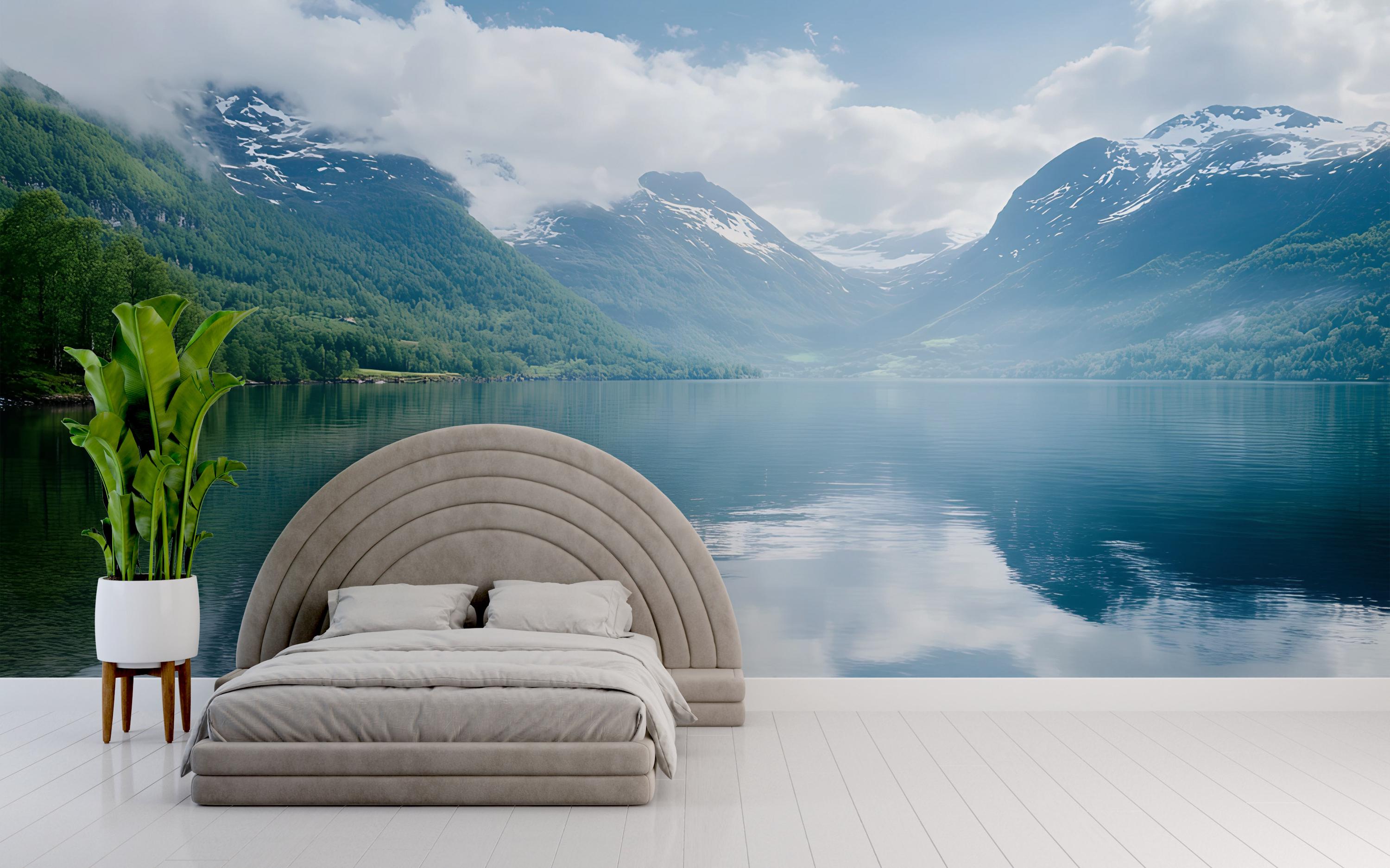 Scenic Mountain Lake Wall Mural – Serene Landscape Wallpaper, Peel and ...