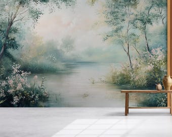 May include: A serene mural depicting a misty landscape with a tranquil lake, trees, and delicate flowers. A wooden bench holds two decorative vases. The color palette features soft greens, blues, and muted tones, creating a calming atmosphere.