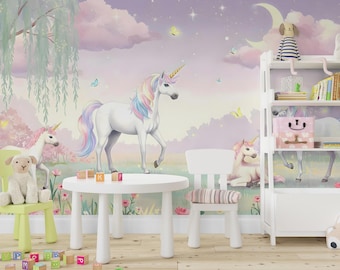 Unicorn Wallpaper | Enchanted Forest Wall Mural | Rainbow Unicorn Wall Decal for Kids Room & Nursery | Fantasy Wall Art 585RS