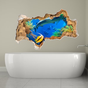 3D Hole in the Wall Mural / Sea Life Wall Decal Kids / Nautical Nursery Wall Decor / Ocean Life Sticker / Underwater Wall Art  / Fish Decal