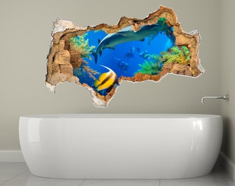 3D 壁の穴の壁画 / 海の生き物の子供用壁デカール / 海の生き物の子供部屋の壁の装飾 / 海の生き物のステッカー / 水中の壁アート / 魚のデカール
