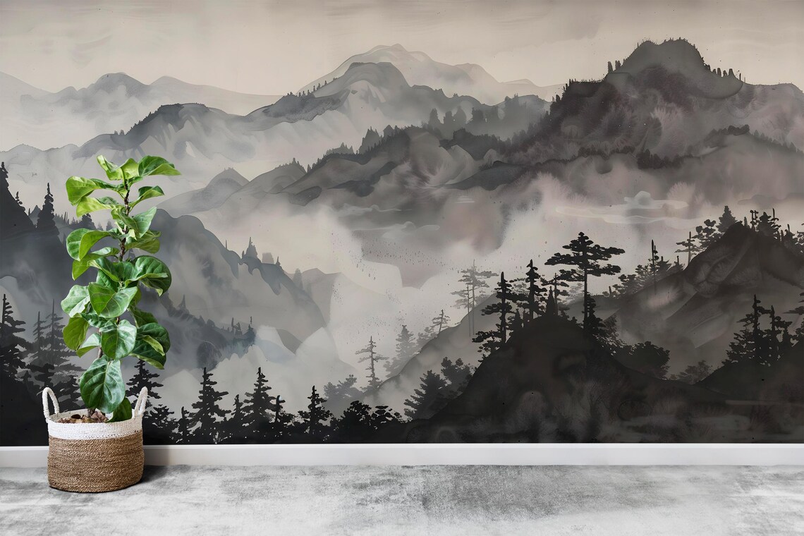 Mountain Foggy Wall Graphics Peel and Stick Forest Room Wallpaper ...