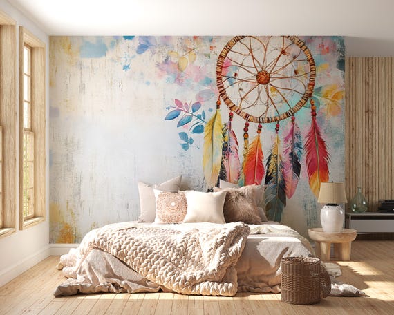 Attrape-rêves Mural Avec Plumes Et Cristaux - Rose Ou Bleu - 73 Cm De Long - Fait Main - Décoration Chambre, Salon