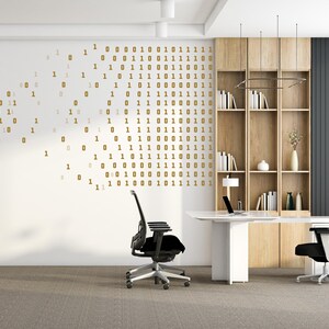 Puede incluir: Oficina moderna con escritorio blanco, sillas negras y estanter&iacute;a de madera. La pared presenta un dise&ntilde;o de c&oacute;digo binario dorado. Un port&aacute;til est&aacute; sobre el escritorio, sugiriendo un espacio de trabajo.