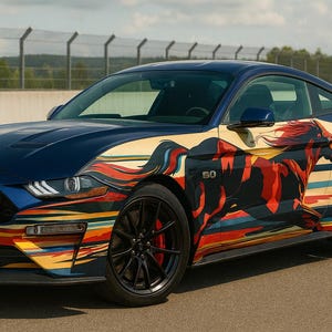 ワイルド・マスタング・フリーダム・カーラップ | 愛国的な競馬デザイン | マッスルカー愛好家へのギフト | 抽象アートビニールラップ | カスタム車両