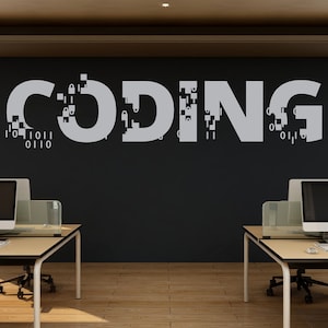 Puede incluir: Un espacio de oficina moderno con dos estaciones de trabajo de computadora y una pared negra con la palabra "CODING" escrita en blanco, con un efecto pixelado.