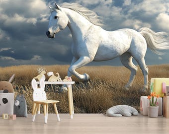 水上を走る3D白馬壁紙壁画 | ドラマチックな海の牡馬ウォールアート