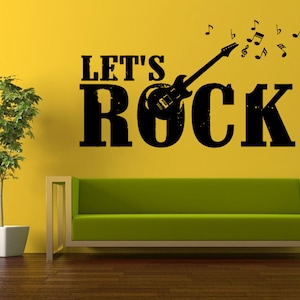 Wall Decal Vinyl Sticker Decals Peal And Stick Cheap Decor Art Let&#39;s Rock Words With Electric Music Musical Instrument Guitar Notes L383